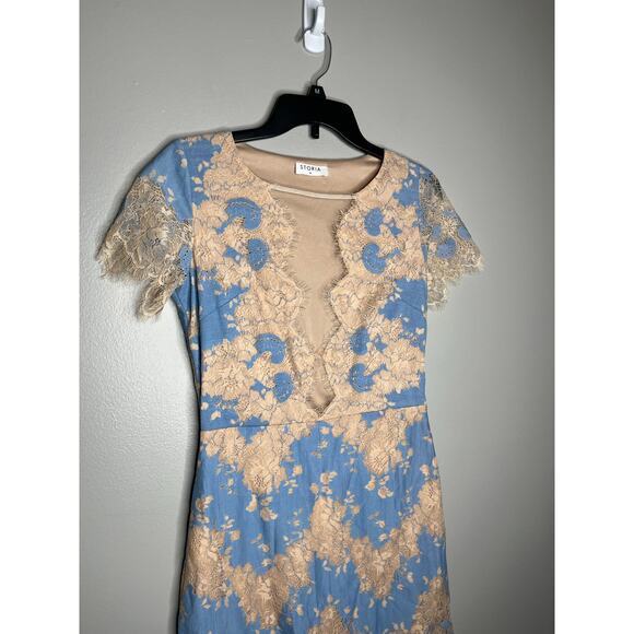 Stroia Floral Lace Bodycon Fitted Plunge Neck Mini Dress In Blue and Cream - Picture 3 of 6